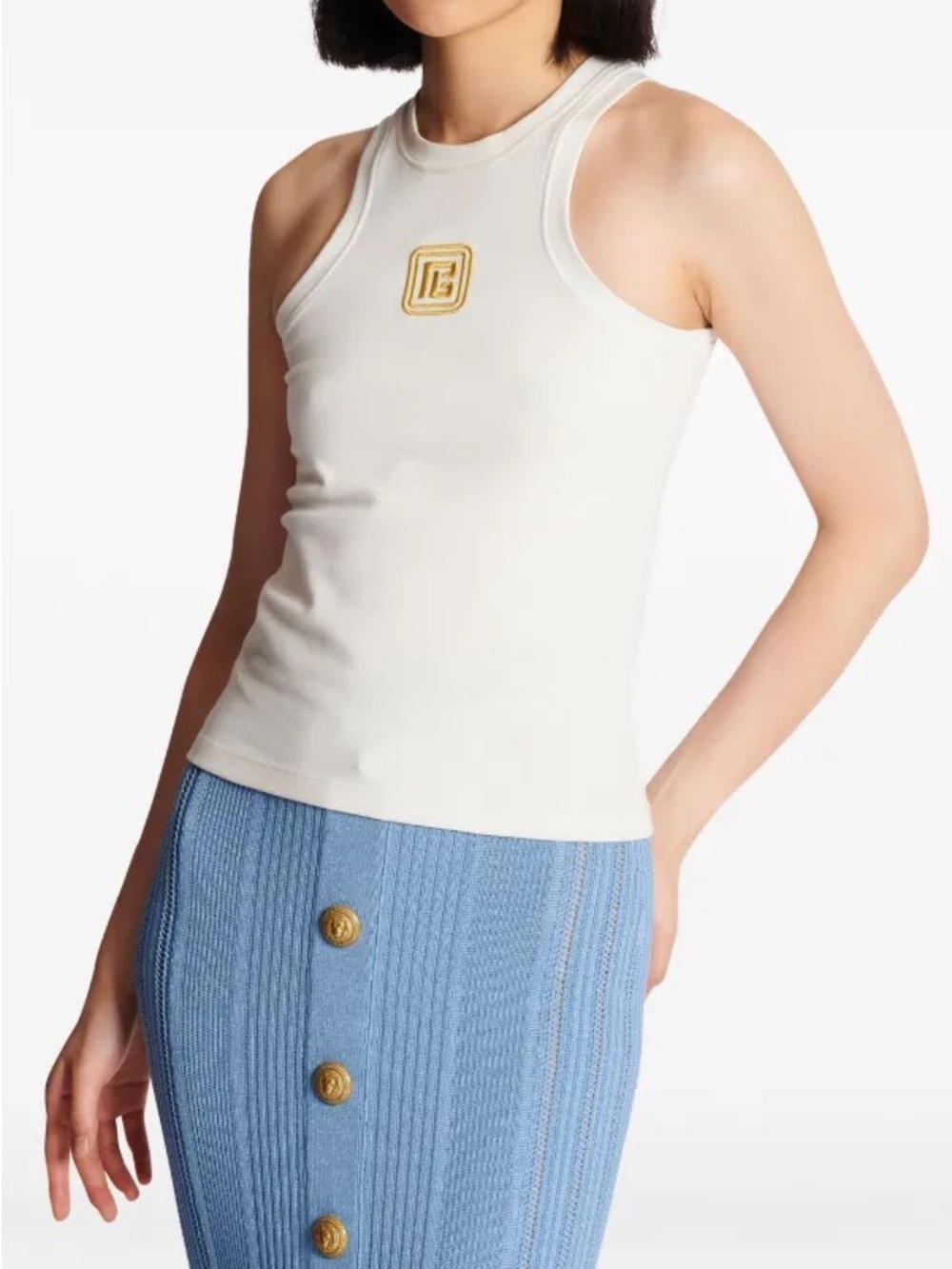 Balmain Cream Ribbed Racerback Tank with Gold Emblem - Picture 4 of 6